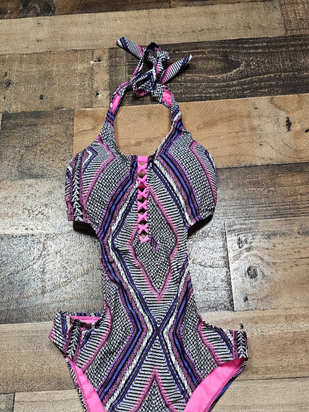Apollo One Piece Swimsuit Large Pink Purple Geometric Cutout Lace Up